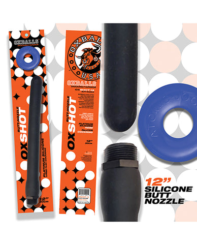 Oxballs Oxshot 12" Silicone Butt Nozzle W-flex Cockring - Black-blue