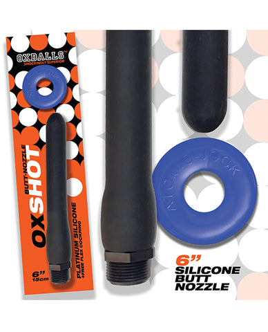 Oxballs Oxshot 6" Silicone Butt Nozzle W-flex Cockring - Black-blue