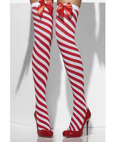 Smiffy Holiday Opaque Striped Thigh Highs W-bows Red-white O-s
