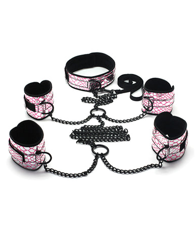 Spartacus Faux Leather Collar To Wrist & Ankle Restraints Bondage Kit W-leash - Pink