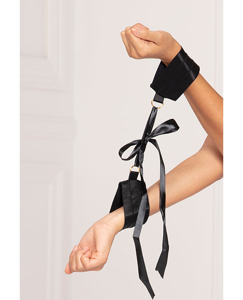 Satin Elastic Cuffs D-ring & Satin Ribbon Tie Black O-s