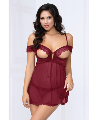Lace & Mesh Open Cups Babydoll W-fly Away Back & Panty Wine Sm