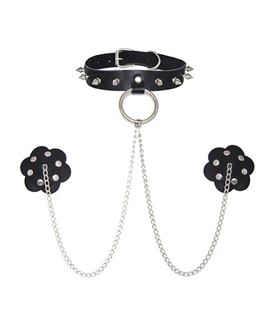 Burlesque Slave 4 U Chain Neck Choker Leather Reusable Silicone Nipztix - Black O-s