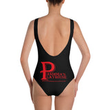 Black One-Piece Swimsuit With Red Lettering