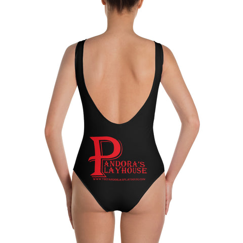 Black One-Piece Swimsuit With Red Lettering