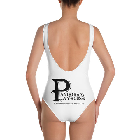 White One-Piece Swimsuit With Black Lettering