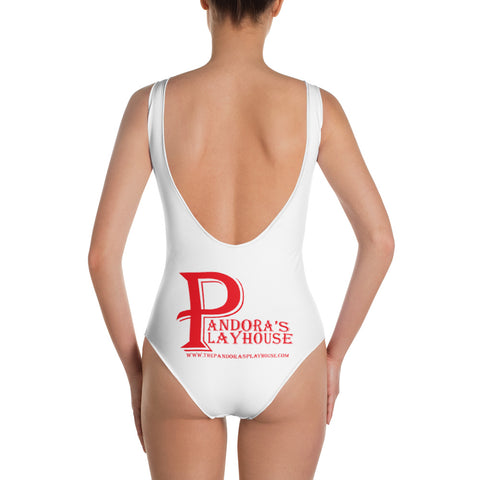 White One-Piece Swimsuit With Red Lettering